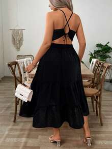 Breezaya Plus Size Casual Solid Color Backless Halter Neck Dress, Summer - Black - View 2