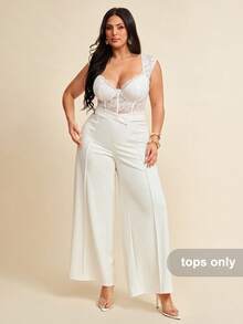 SHEIN BAE Plus Size Women's Spring/Summer Black Short Sleeve Playsuit, Sexy & Elegant Bodysuit, Commuter Bodysuit, Diva Bodysuit, Bodysuit For Young, Lace Trim Bodysuit, Beach Holiday Bodysuit, Suitable For Outdoor, Outing, Afternoon Tea, Casual, Y2K,Valentine's Day,Valentine Outfits For Women - White - View 3