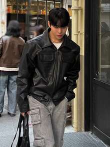 DAZY Chaqueta corta de piel sintética negra sólida para hombre, primavera/otoño - Negro - Ver 7