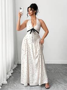 Elenzga 情人节加大码波点印花V领荷叶边拼接吊带长裙，优雅适合外出、度假、派对、约会、下午茶等场合 - 彩色 - 查看 6