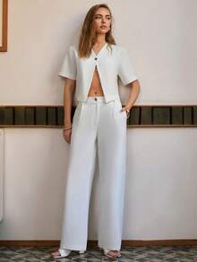 Cloudara Ensembles deux pièces pour femmes, hauts avec détails de boutons et pantalons de couleur unie