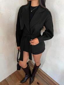 Aloruh Women's Solid Color Lapel NeckLong Sleeve Casual Overcoat, Autumn/Winter - Black - View 4