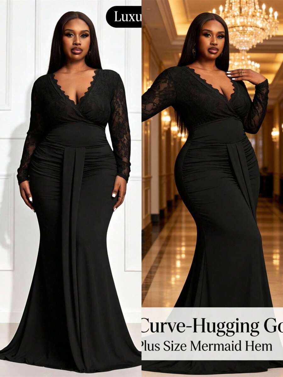 Veslaya 秋冬新款 Y2K 复古优雅精致基础款日常鸡尾酒会假日通勤大码奢华派对优雅纯色修身法式优雅休闲长款蕾丝长袖连衣裙，适合大码女性，适合派对场合 - 黑色连衣裙 黑色大码正式礼服 大码晚礼服 曲线正式晚礼服 曲线连衣裙 黑色蕾丝长袖连衣裙 黑色长款连衣裙 情人节装扮 - 黑色 - 查看 1