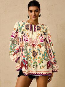 Travachic Plus Size Women Tropical & Pattern Long Sleeve Crew Neck Tie Front Blouse Fall - Apricot - View 5