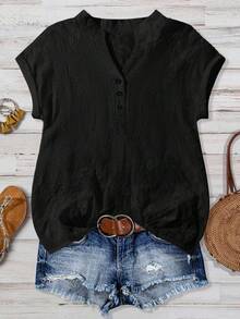 EMERY ROSE 女式休闲纯色花卉刺绣缺口领衬衫，夏季