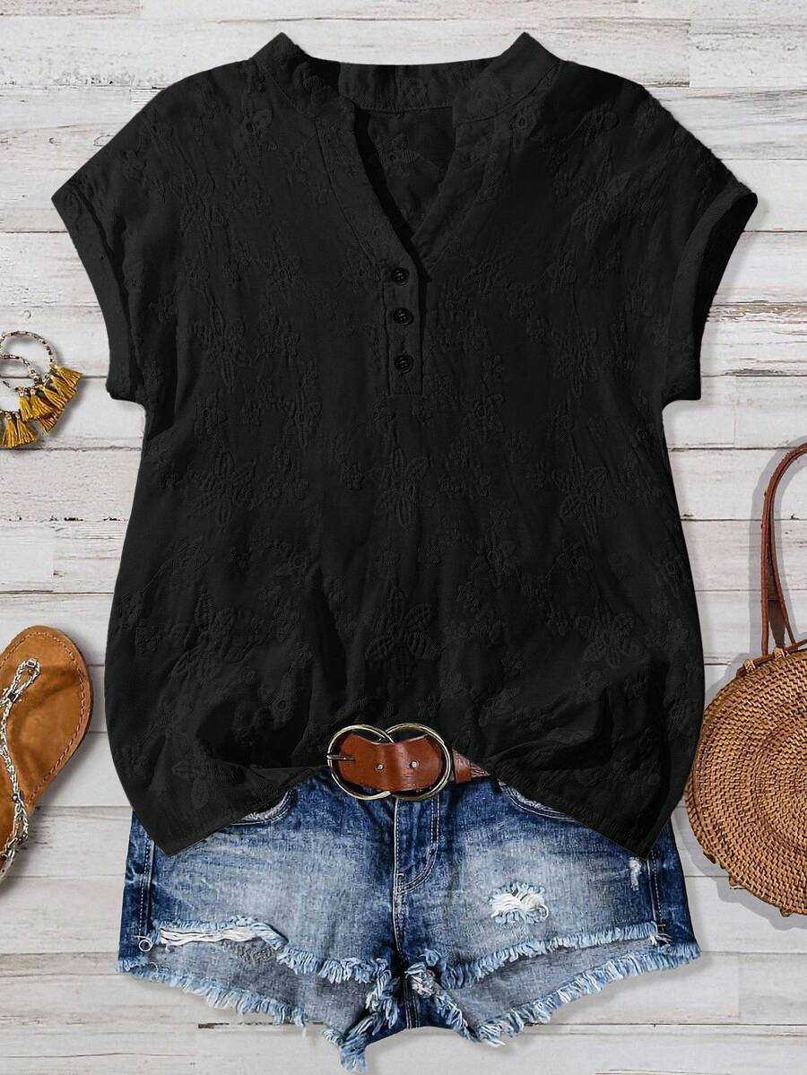 EMERY ROSE 女式休闲纯色花卉刺绣缺口领衬衫，夏季