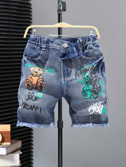 SHEIN Young BoyFashion 做旧牛仔短裤，中度水洗蓝色，街头风，宽松版型