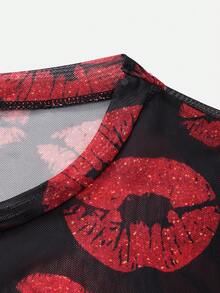 Valentine's Day Mesh Lip Print Men's Base Layer T-Shirt - Multicolor - View 5