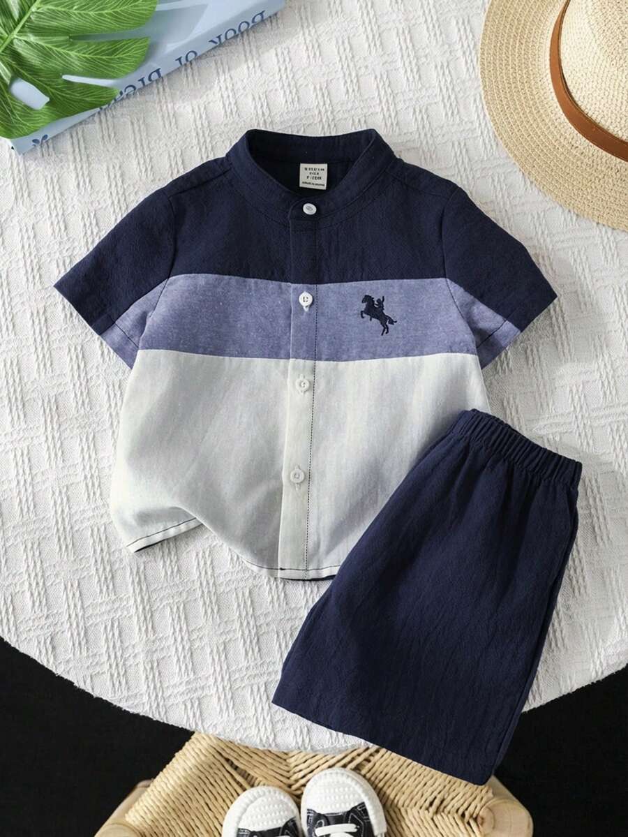 2pcs Baby Boy Summer Colorblock Polo Collar Short Sleeve Cardigan Top And Solid Elastic Waist Shorts Set, Casual School Style Suitable For Outings, Home, And School