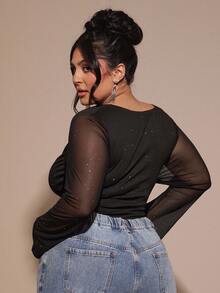 SHEIN BAE 大码女式秋冬针织弹力褶皱连体衣 - 黑色 - 查看 2