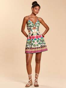 Travachic 女士镂空性感吊带热带植物印花度假连衣裙，适合狂欢节、春假、夏季、情人节、海滩、休闲度假、外出、夏季派对等场合。 - 彩色 - 查看 7
