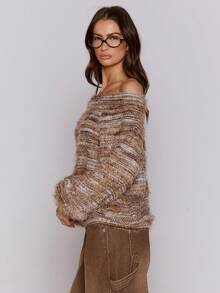 MUSERA 露肩超大款条纹针织毛衣，适合休闲外出、秋季、夜晚约会、春夏等各种场合，舒适又优雅。 - 棕色 - 查看 4