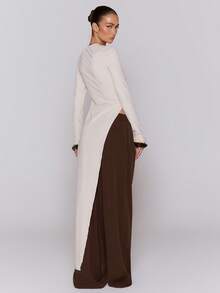 MUSERA Fitted Long Sleeve Extreme Maxi Asymmetrical Hem Top Cool Girl, Streetstyle, Cute, Fall, Autumn, Winter Festive, Holidays, - Apricot - View 3