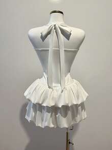 Elamini 女士优雅日常百搭通勤休闲白色短款连衣裙，层叠荷叶边下摆，露背系带蝴蝶结 - 白色 - 查看 2