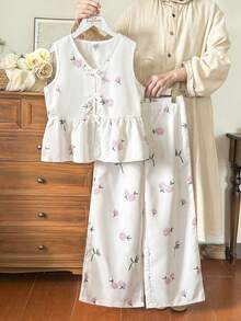 Vintaside Kids Bộ 2 món cho bé gái, gồm áo tank top không tay in họa tiết hoa và quần cạp chun. - trắng - Xem 4
