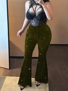 Flirla Pantaloni neri a zampa di elefante con applicazioni di strass, taglio slim, per taglie comode - Verde Oliva - Visualizzare 6