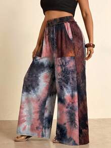 Freevana Pantalones anchos con bolsillos, cintura elástica y estampado de teñido anudado para mujer de talla grande - Rosa - Ver 5