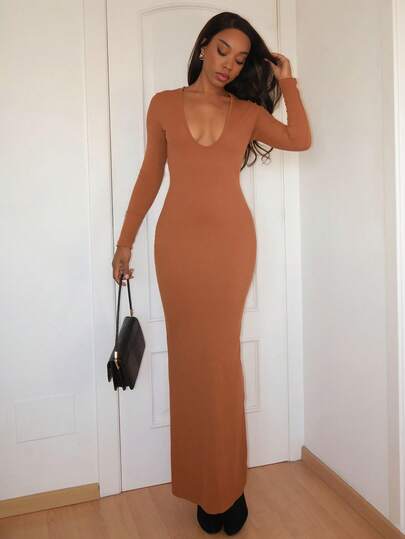 Yess Loren 女式深 V 领长袖超长紧身连衣裙，性感又时尚