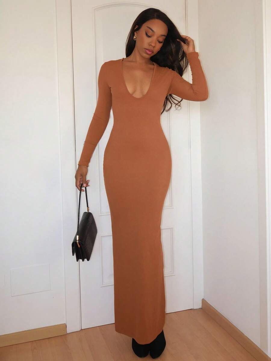 Yess Loren 女式深 V 领长袖超长紧身连衣裙，性感又时尚 - 棕色 - 查看 1