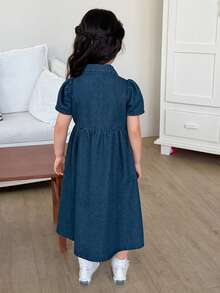 Đầm denim trơn màu, cổ bẻ, kiểu Hàn Quốc, đa năng dành cho bé gái. - Màu xanh lam - Xem 5