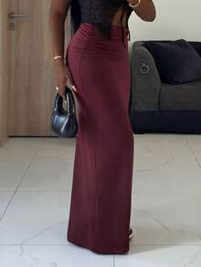 Slaydiva New Spring/Summer Music Festival Valentine's Day Casual And Simple Basic Style Y2K Street Sweet Internet Celebrity Bestseller Daily Date Hot Girl Style Sexy Casual And Simple Home Wear Sportswear, Low Waist, Waist Joint Flip Piece Design, Side Pleated Slimming And Body-Hugging Skirt, Brown Super Long Skirt, Women's Half Skirt -A - Brown - View 6