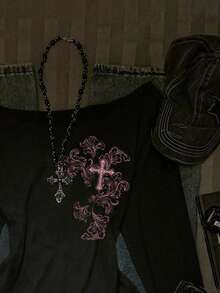 SHEIN EZwear 秋季新款宽松圆领斜肩荷叶边下摆长袖女式性感不对称肩交叉印花套头T恤 - 黑色 - 查看 7