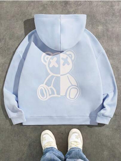SWAVVY Men Bear Print Drawstring Thermal Lined Hoodie, Light Blue Graphic Long Sleeve Thick Casual Hoodie, For Friends, Husband, Boyfriend Gifts , Fall Winter, Couple Things