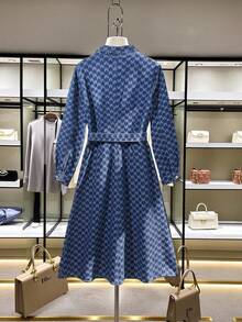 GlowEve 女士休闲/办公通勤全印花翻盖口袋系带牛仔连衣裙，春秋季 - 中等水洗藍 - 查看 2