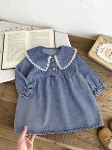 SHEIN LMoss Kids Baby Girls' Blue Denim Lapel Long Sleeve Loose Dress - Light Wash - View 9