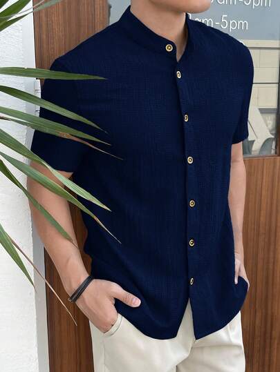 HIMLAND Camisa casual de hombre con cuello mao y manga corta