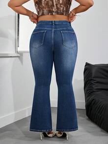 SHEIN PETITE CURVE Quần jean denim co giãn màu trơn dáng rộng, cỡ lớn - Rửa tối - Xem 6