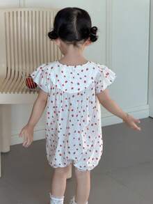 DAZY 女婴草莓印花圆领短袖可爱连体衣 - 白色 - 查看 7