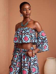 JIAN LASALA All-Over Print Off-Shoulder Ruffled Bell Sleeves Crop Top Women Vacation Casual Holiday - Multicolor - View 4