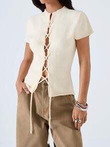 LYSMO Áo dệt kim tay ngắn cổ đứng màu trắng kem trơn, kiểu dáng tối giản, hàng mới về năm 2026, thích hợp mặc đi chơi trong kỳ nghỉ xuân/hè. - Màu be - Xem 5