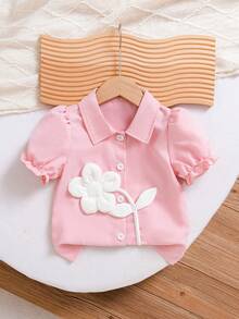 Elladie kids 女童复古可爱甜美休闲时尚泡泡袖衬衫，饰有花卉图案，适合休闲、度假、日常穿着，夏季必备 - 粉色 - 查看 5