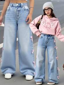 SHEIN ChillGRL Girls & Teens Y2K Streetwear Casual Distressed Asymmetrical Waist Soft Comfortable Light Wash Blue Jeans, Versatile All-Match Everyday Wear, Spring/Summer 2025 New Arrival Pink Bow Jeans E Girl Clothes - Light Wash - View 6
