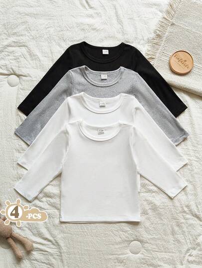 SHEIN Vintaside Kids Baby Boy A Multi-Piece Set Of Pure White Round-Neck Long-Sleeved T-Shirts For Spring And Autumn. The Style Is Casual, Simple, Comfortable And Versatile. It Is Simple And Elegant, Without Too Many Decorations, Presenting A Low-Key Beauty.