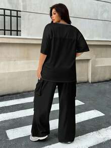 Muchica Women's Plus Size V-Neck Letter & Number Print Short Sleeve Top And Wide Leg Pants Casual Outfit 2 Piece Pants Sets Woman Y2k Women Two Piece Outfits Matching Women Sets Y2k Two Piece Set - Multicolor - View 2