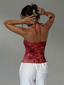 Aloruh 女士褶皱不对称下摆露背复古佩斯利印花吊带背心，适合夏季海滩度假、波西米亚热带度假村音乐节、乡村音乐会、伊比沙岛、纳什维尔、西部牛仔风、波西米亚街头风、热带性感风，可爱夏日上衣 - 酒紅色 - 查看 4