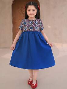 SHEIN Váy chữ A in họa tiết dệt tay ngắn thoải mái cho bé gái đi nghỉ mát, màu xanh coban - Màu xanh lam - Xem 4