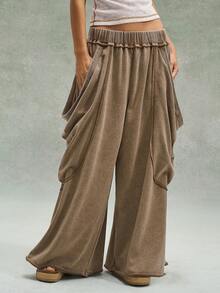 Bohemela Women's Casual Solid Color Knit Loose Wash Pants Baggy Cargo - Brown - View 5
