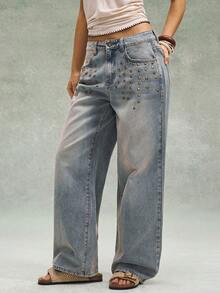 Bohemela Carnival Boho Vacation Valentine's Day Music Festival Casual Y2K Washed Loose Straight Leg Women Jeans, Spring/Summer - Blue - View 6