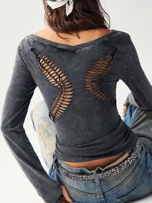 Bohemela Camiseta feminina casual de cor sólida com efeito desgastado, estilo boho, para férias na primavera/verão, inspirada nos anos 2000, para o Dia dos Namorados e festivais de música. - Preto - Ver 4