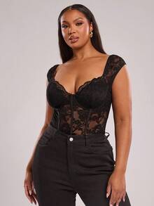 SHEIN BAE Plus Size Women Black Short Sleeve Bodysuit, Sexy Elegant Top, Commute Bodysuit, Party Bodysuit, Young Fashionable Playsuit, Lace Trim Bodysuit, Beach Holiday Casual Bodysuit, Outdoor, Afternoon Tea, Daily Wear, Y2K Style,Beach Women Outfits,Holiday Night Outfits,T Shirt,Work Tops,Rave Festival Outfits,Spring Outfits,Summer Women Clothes, Mother Day,Mother's Day Gift,Mom,Music Festival,Concert,Office Dress,Casual Going Out,Graduation,Valentine's Day,Valentine Outfits For Women - Black - View 5