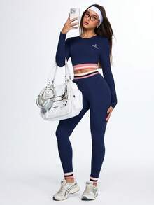 Dewbera Dewbera 2pcs Women's Navy Blue And White Workout Sets,Seamless Autumn Athleisure,Long Sleeve Crop Top And High Waist Leggings,Contrast Stripe Gym Sportswear - Royal Blue - View 6