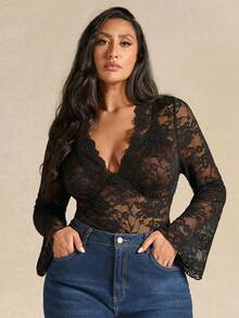 SHEIN BAE 大码女式长袖蕾丝透明 V 领性感紧身衣，适合搭配和外出，秋冬季 - 黑色 - 查看 5