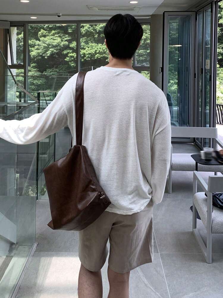 Men's Casual Loose Fit Solid Color Drop Shoulder Long Sleeve T-Shirt, Versatile For Daily Commute, Spring/Autumn
