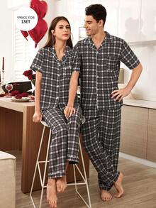 SHEIN 格子印花翻领男士睡衣套装 - 彩色 - 查看 5