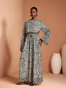 JIAN LASALA All-Over Print Chiffon Boat Neck Elastic Waist Tie Flared Sleeves Women Maxi Dress Long Dress With Sleeves Boho Dress Toleen Dress Beach Wedding Guest - Multicolor - View 3