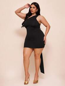SHEIN BAE Vestido negro asimétrico de hombros para vacaciones, talla grande y mini - Negro - Ver 5